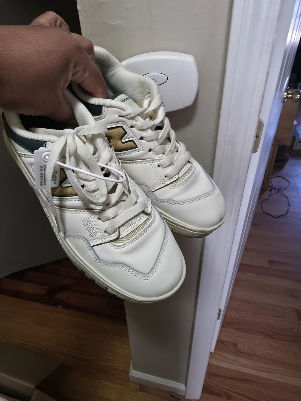 New Balance Kids 550 Sneaker in Cream with Green and Yellow Accents